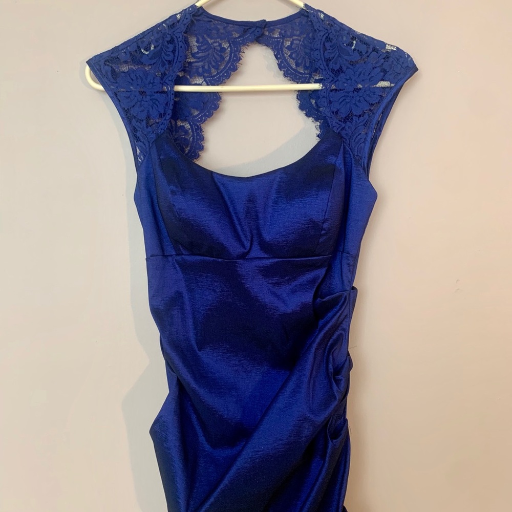 Blue Cocktail Dress with Lace Shoulder Detail